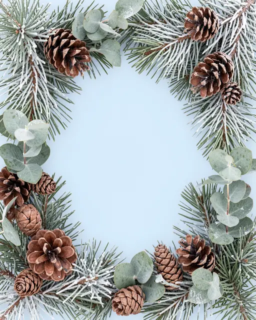 A decorative border of frosted pine branches, pinecones and eucalyptus surrounds an empty pale blue center