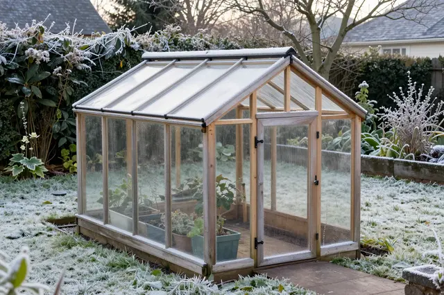 Small wooden greenhouse coated in winter frost sits at the end of a paved garden path