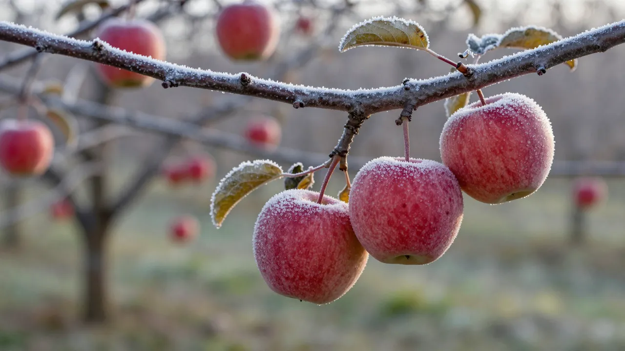 Red apples coated in fine ice crystals hang from a frosted branch at dawn, with a blurred orchard behind.