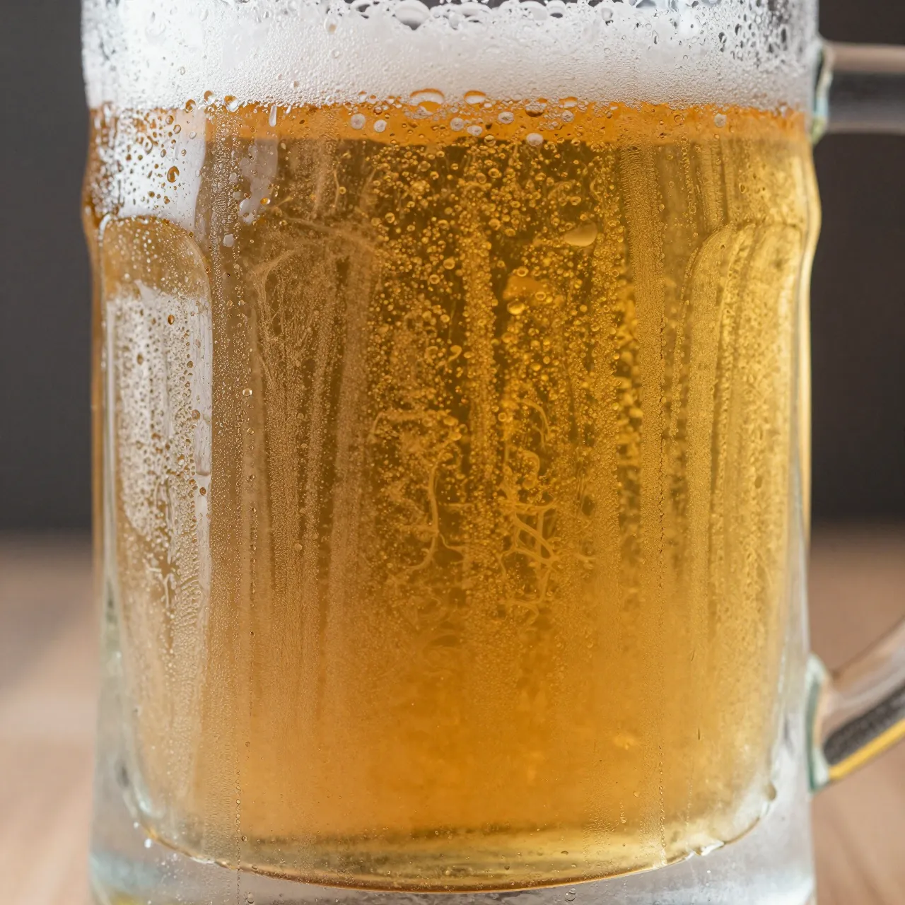 Close up of a frosty glass mug of golden lager covered in condensation and topped with foam