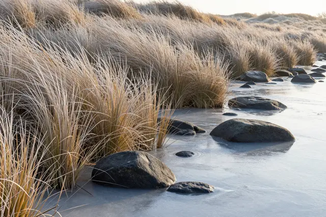 Frosted dune grass lines thin ice-covered rock pools at a quiet coastal sunrise