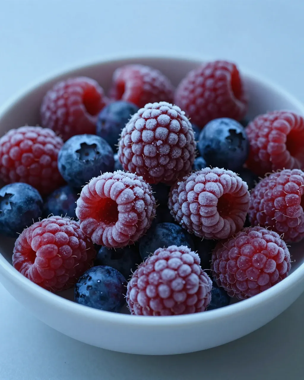 Frost dusted frozen raspberries and blueberries sit in a small white bowl under cool blue light