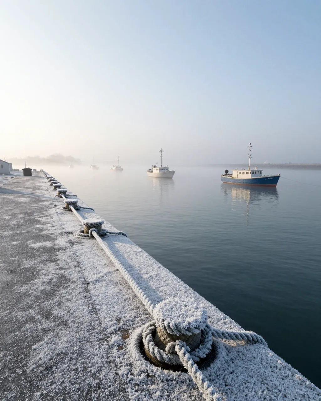 Rime-covered quay ropes line a misty frozen harbor with anchored boats at sunrise