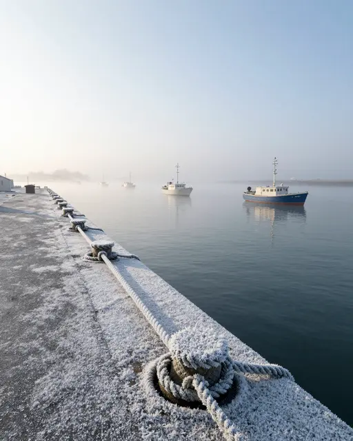 Rime-covered quay ropes line a misty frozen harbor with anchored boats at sunrise