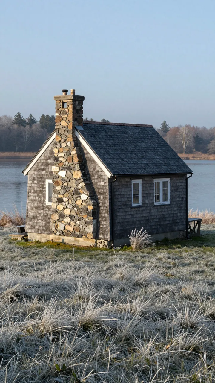 Shingled cabin with a stone chimney sits beside a still lake above hoarfrost-covered grass at dawn