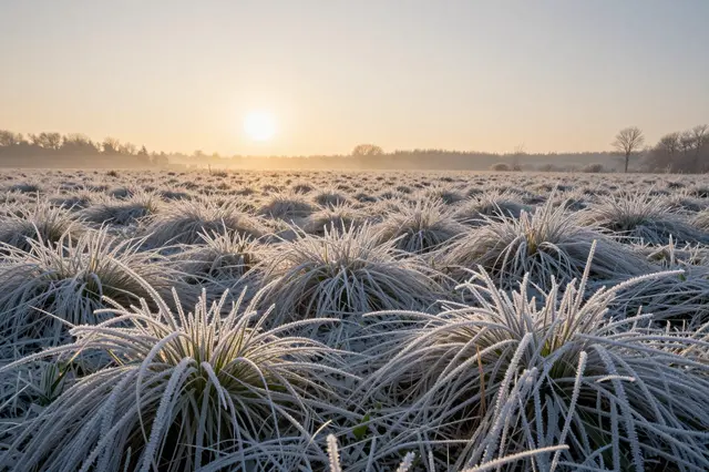 Golden low sun rises over a meadow covered in thick white frost on grass tufts