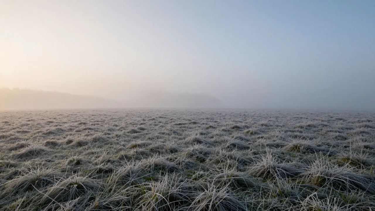 Pale sunrise light spills over a frosty grass meadow shrouded in soft low morning mist.