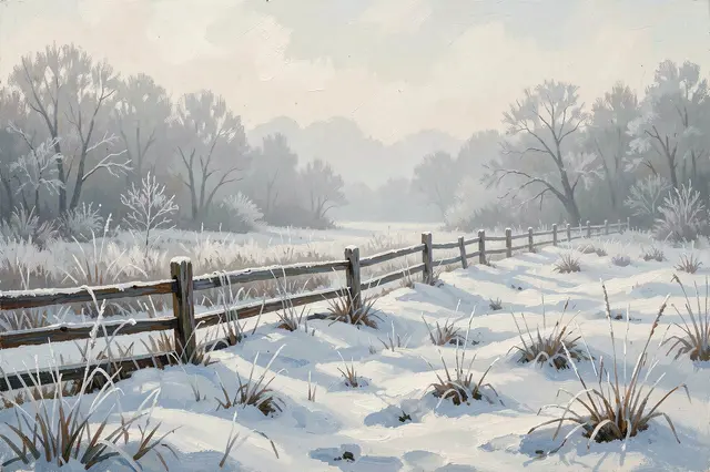 Textured oil painting of a foggy frosty winter meadow with a wooden fence stretching into misty trees