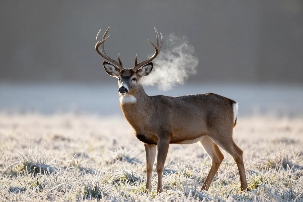 A white-tailed buck with large antlers stands in a frosty meadow, visible cold breath curling beside its head at sunrise