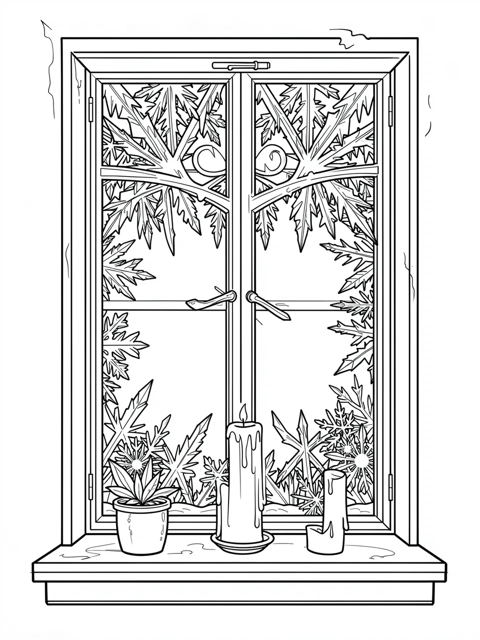 Black and white line art of a frosted window with ice crystals, candles, and a potted plant on the windowsill.