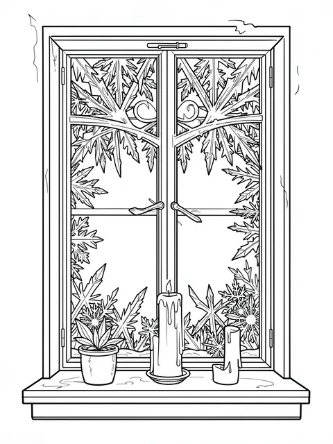 Black and white line art of a frosted window with ice crystals, candles, and a potted plant on the windowsill.