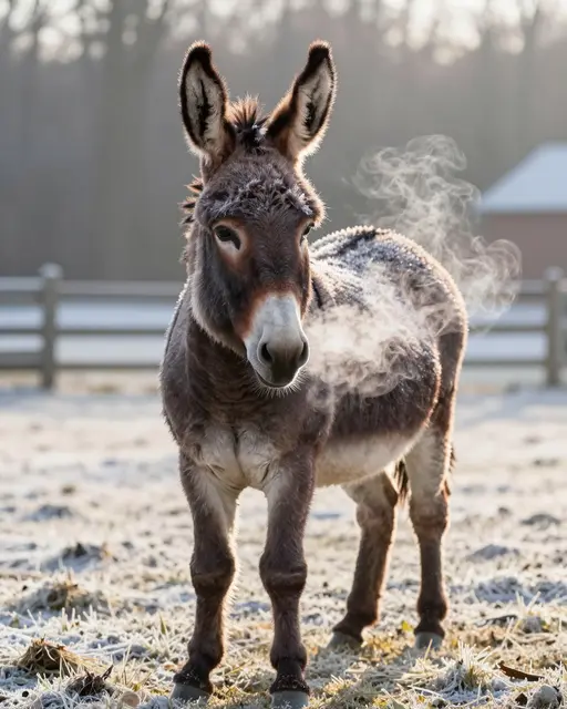 Shaggy brown donkey stands in a frosty paddock with visible steamy breath at sunrise