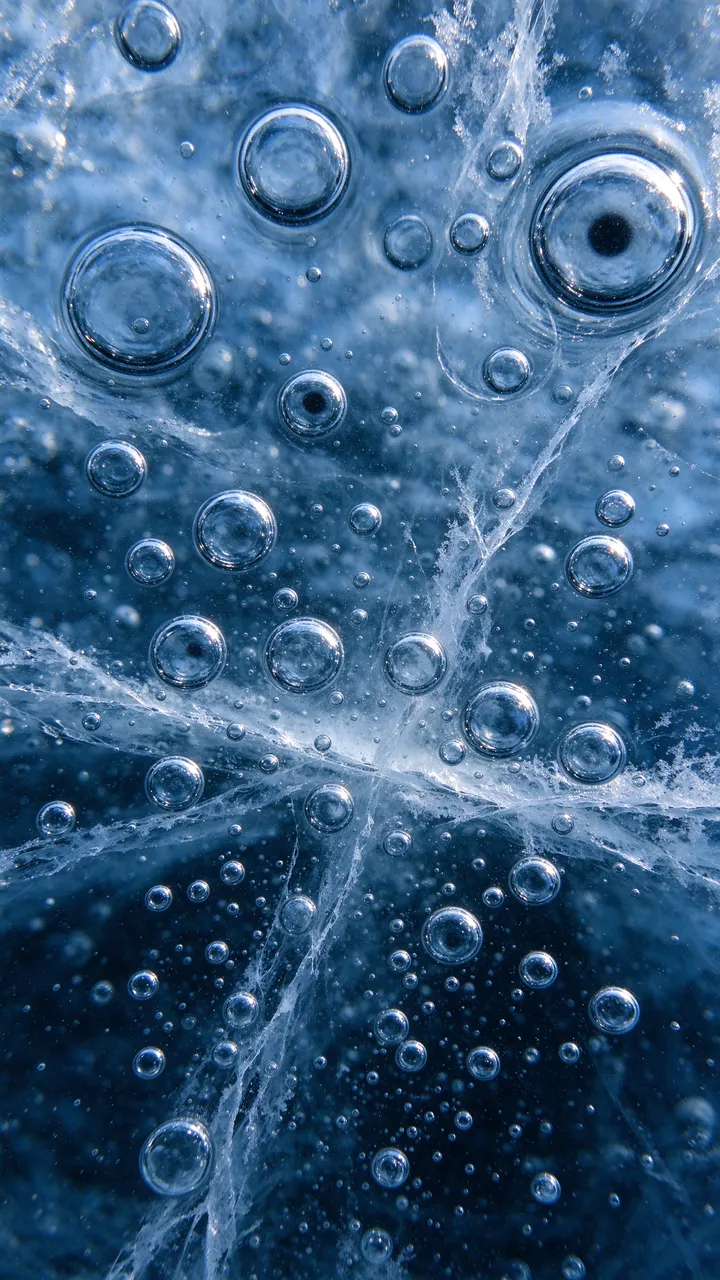 Vertical macro close-up of clear round air bubbles trapped in dark, fractured blue lake ice.