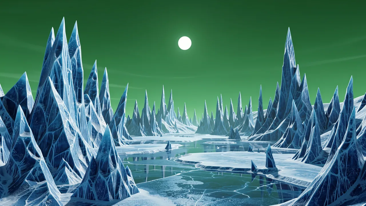 Jagged blue ice spires rise from a partially frozen alien lake under a green sky with a small pale sun
