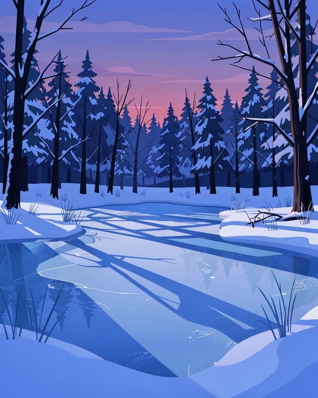 Flat vector illustration of a snowy forest with a partially frozen pond and long blue shadows at twilight