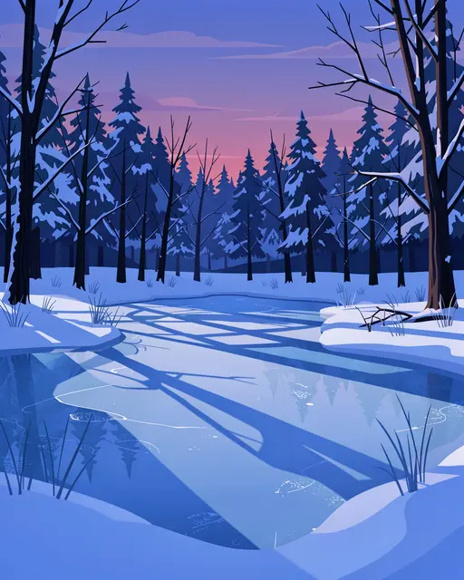 Flat vector illustration of a snowy forest with a partially frozen pond and long blue shadows at twilight