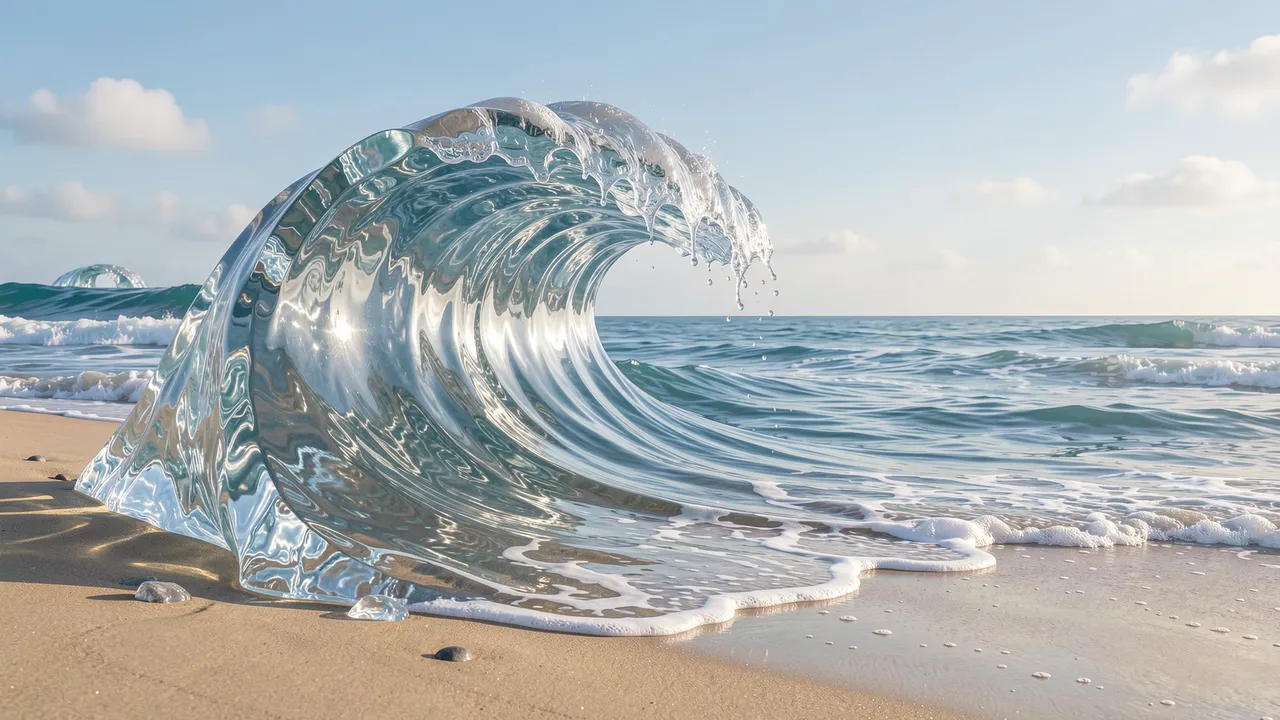 A surreal curl of clear glass wave rests frozen on a quiet sandy ocean shore