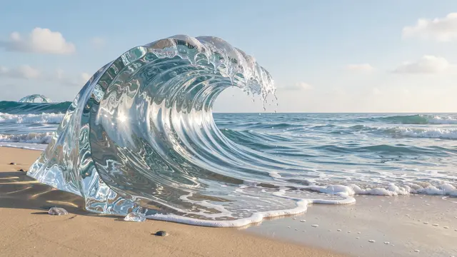 A surreal curl of clear glass wave rests frozen on a quiet sandy ocean shore