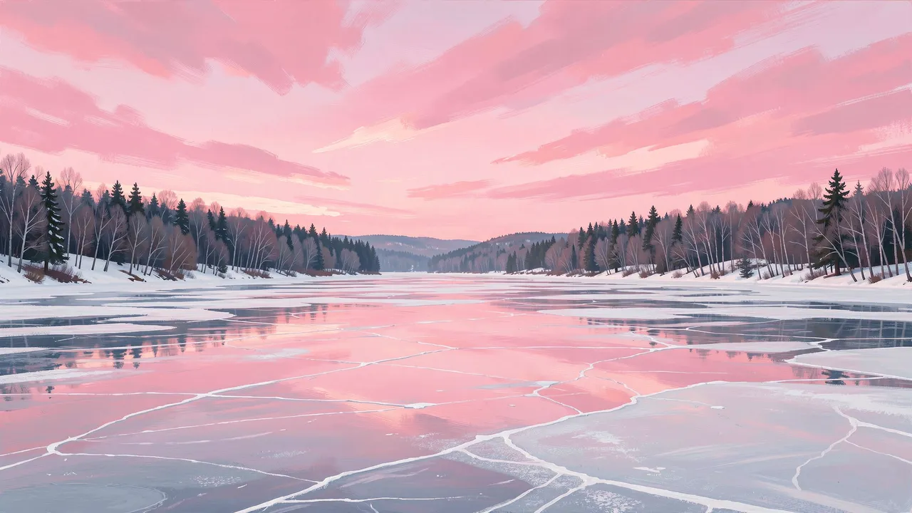 Wide painterly view of a cracked frozen lake framed by snow covered trees under a soft pink winter sky