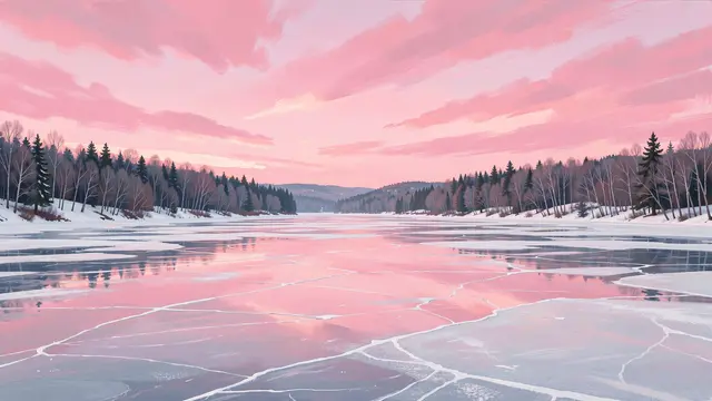 Wide painterly view of a cracked frozen lake framed by snow covered trees under a soft pink winter sky