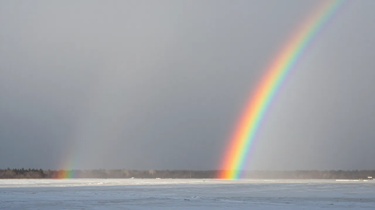 Two rainbow arcs stretch across a hazy gray sky over a frozen winter lake and distant treeline