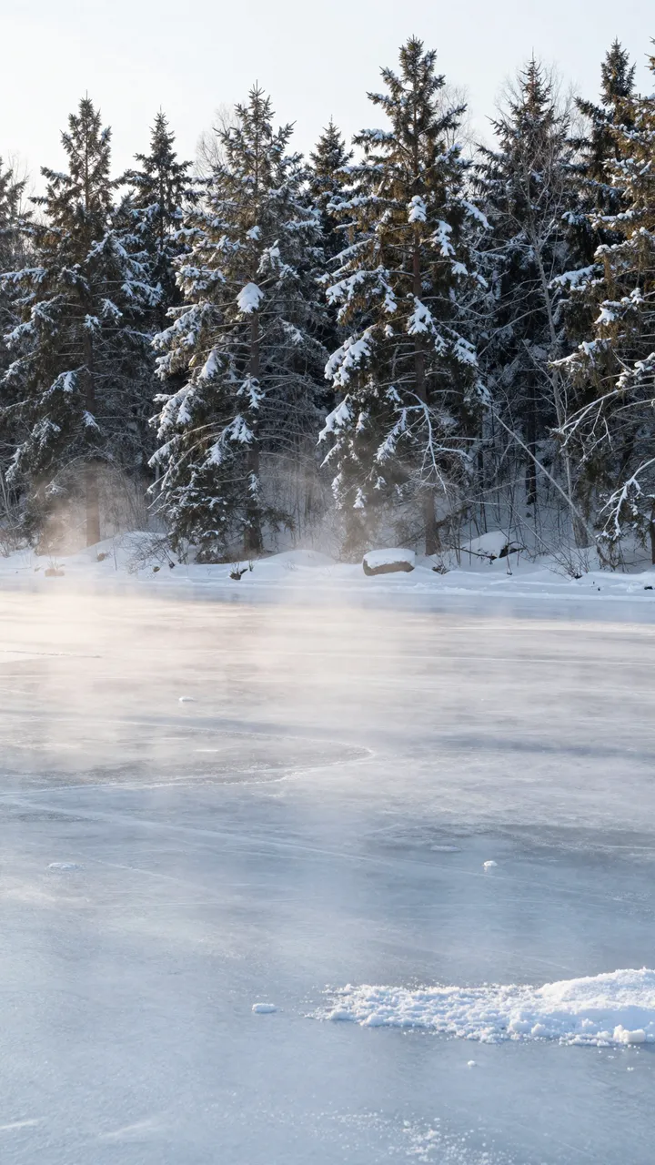 Mist drifts over a frozen lake bordered by snow-covered pine trees at sunrise