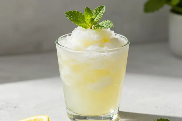 Tall glass of frozen lemonade slush topped with a fresh mint sprig sits on a light countertop in bright summer light.