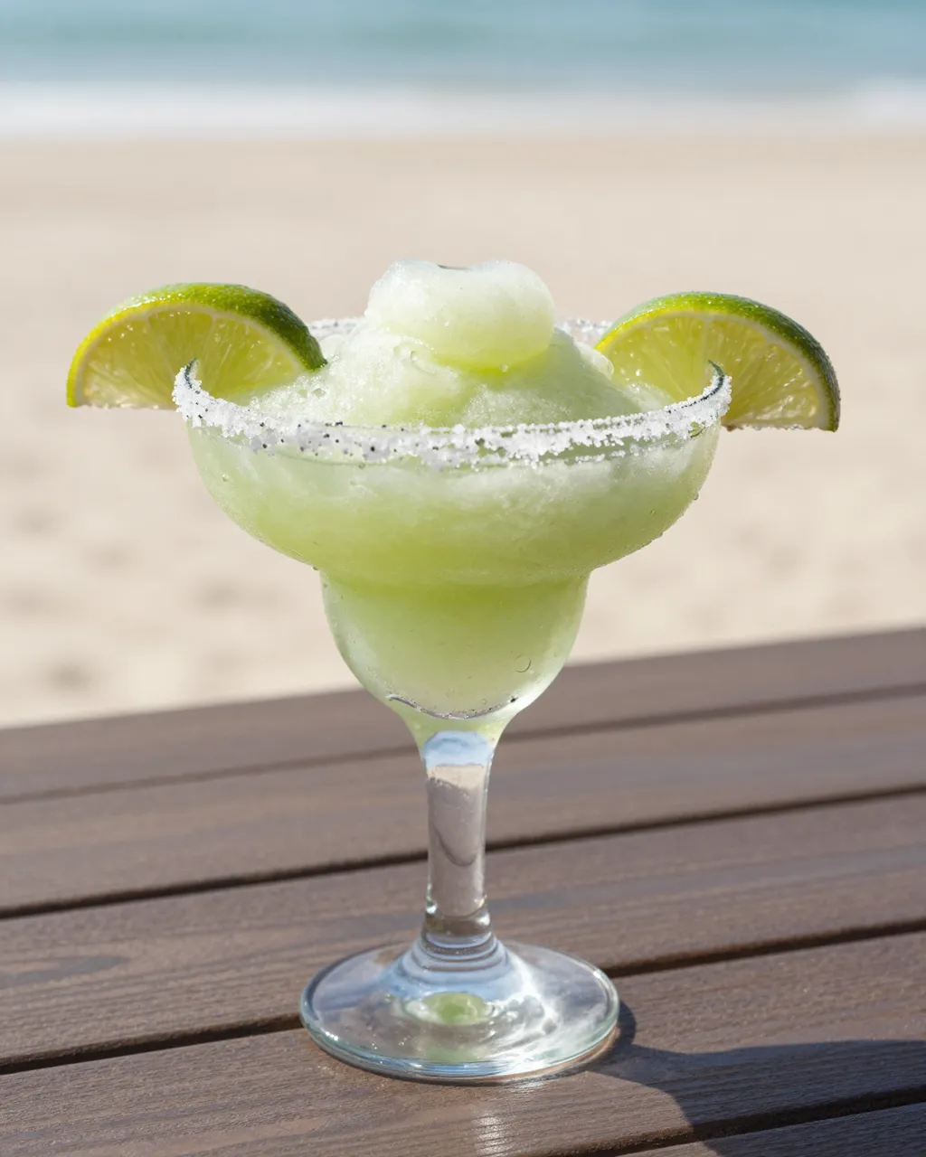 A pale green frozen margarita with a salt rim and lime slices sits on a wooden beach table