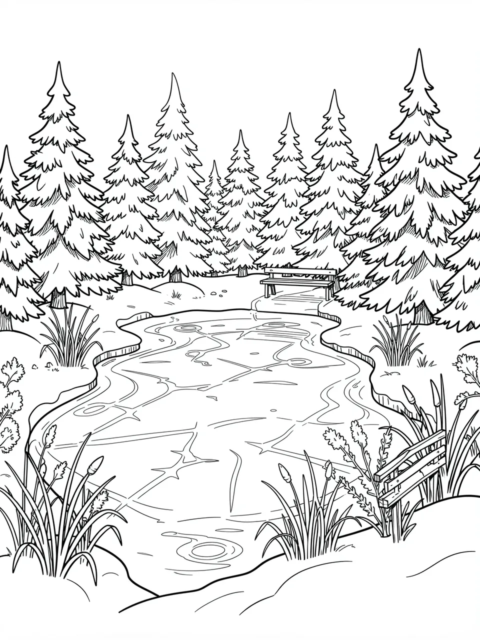 Black and white line art of a frozen winter pond ringed by snowy pine trees with a nearby wooden bench
