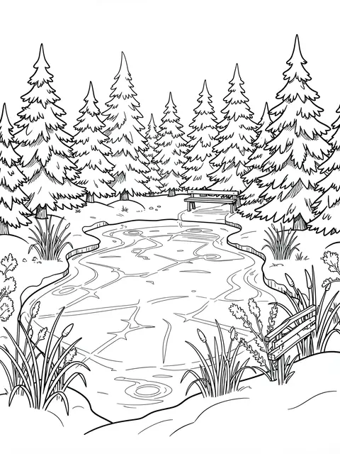 Black and white line art of a frozen winter pond ringed by snowy pine trees with a nearby wooden bench