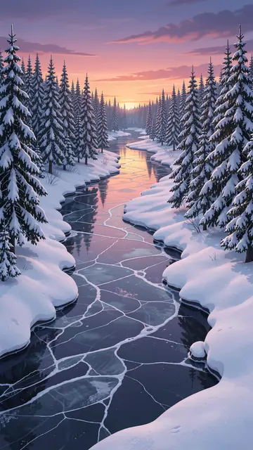 Winding cracked frozen river runs through snow-covered pine trees beneath a pastel dusk sky