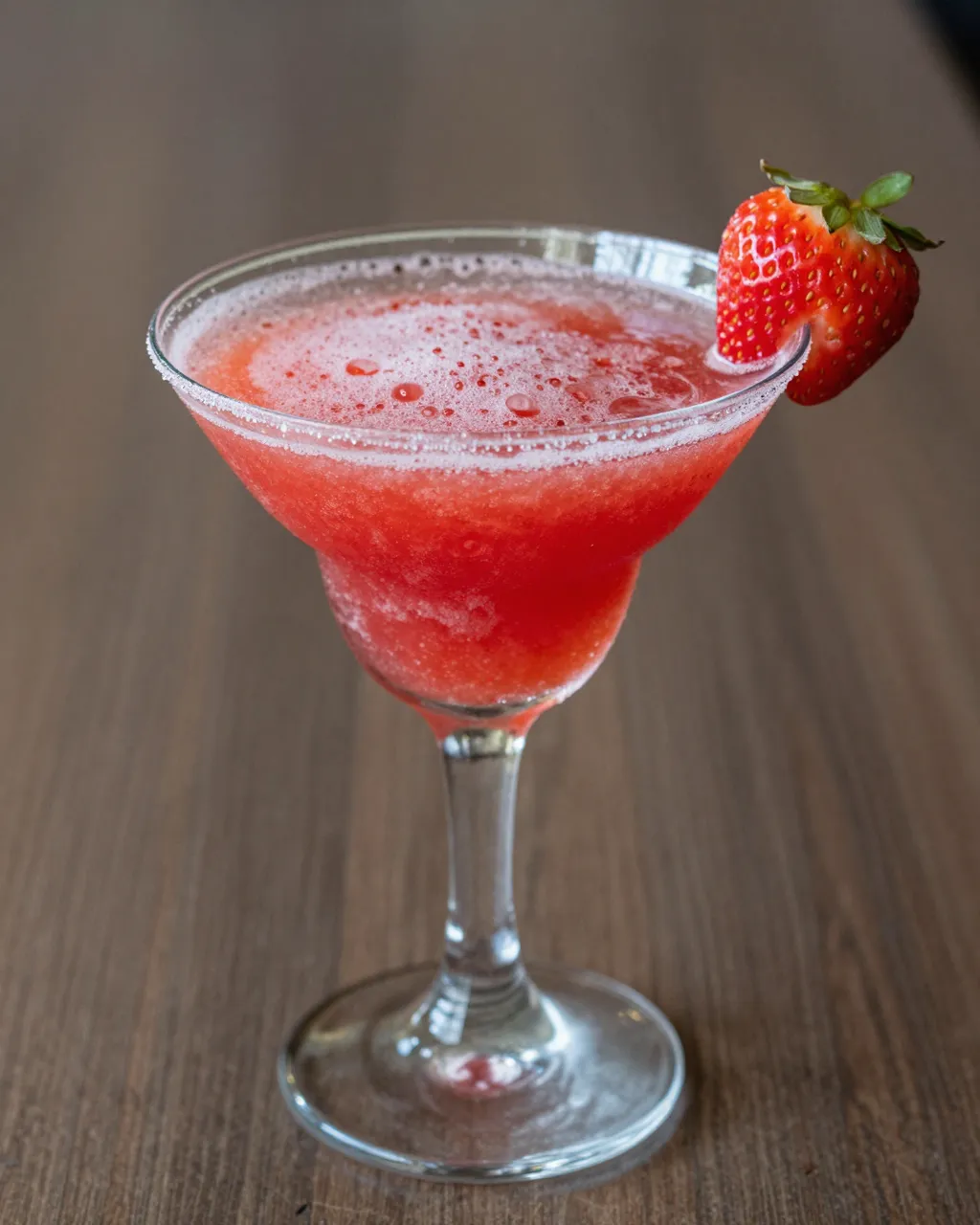 A frothy red frozen strawberry daiquiri in a stemmed cocktail glass garnished with a fresh strawberry on a wooden table