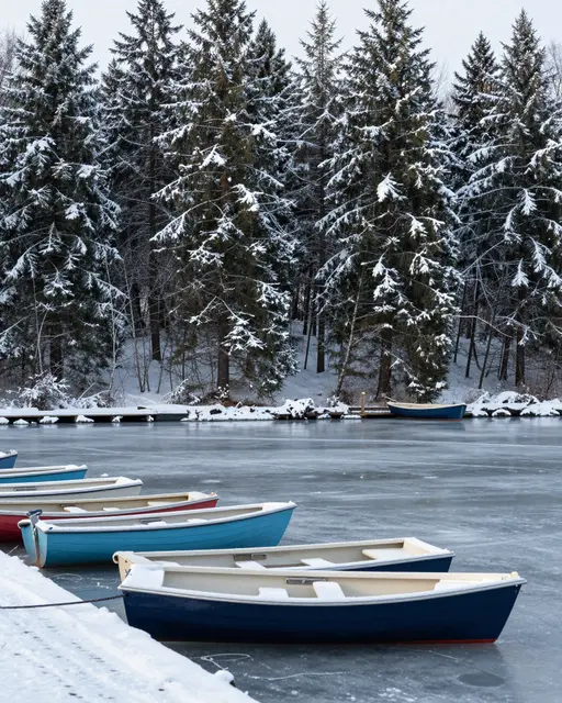 Moored rowboats sit on thin ice beside a snow covered fir forest at a quiet winter lake