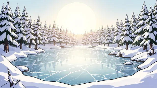 Anime-style illustration of a frozen cracked lake ringed by snow-covered pine trees under a bright pale winter sun.