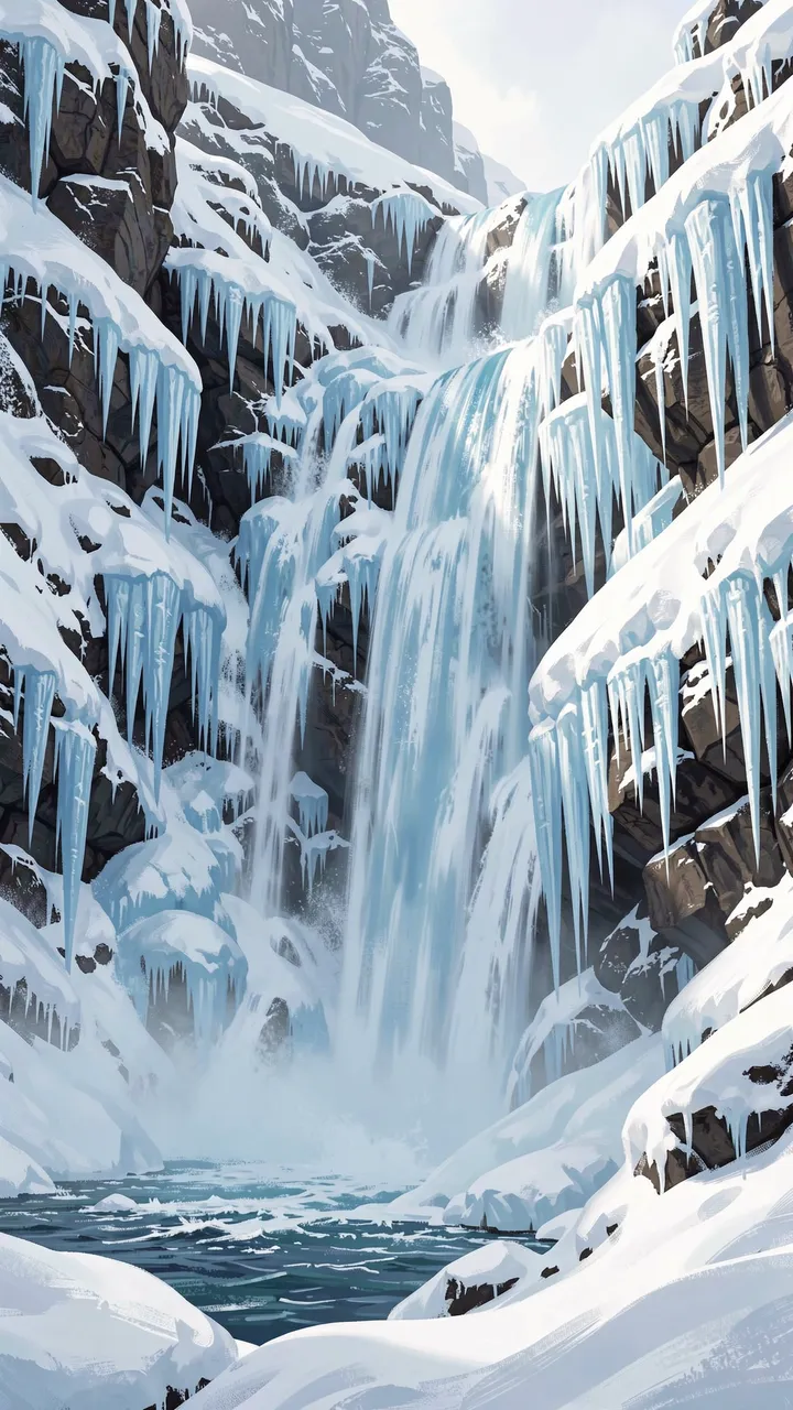 Digital painting of a partially frozen waterfall lined with blue icicles between snow covered dark rock cliffs.