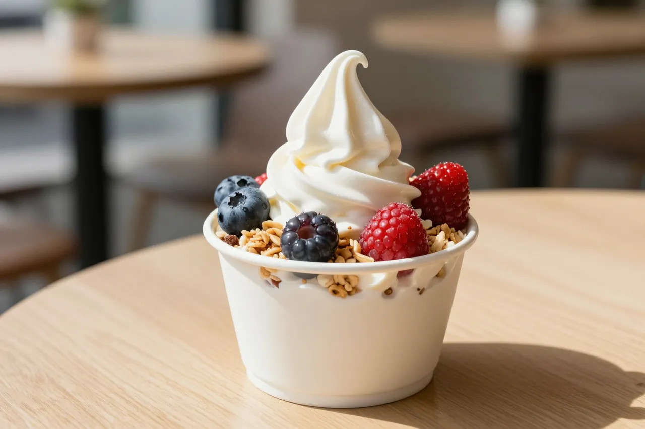 A paper cup of soft-serve frozen yogurt topped with fresh berries and granola sits on a sunny cafe table