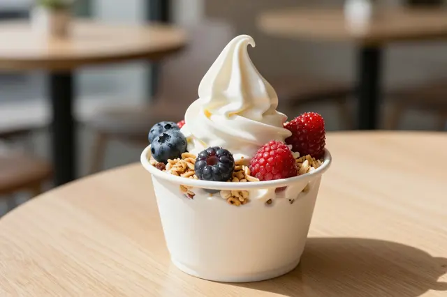 A paper cup of soft-serve frozen yogurt topped with fresh berries and granola sits on a sunny cafe table