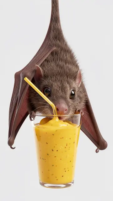 A cute little fruit bat hangs upside down sipping a yellow mango smoothie through a straw