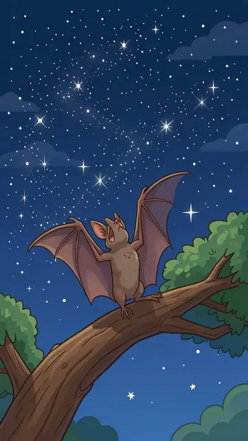 Cute illustrated fruit bat stands on a treetop branch looking up at a starry night sky