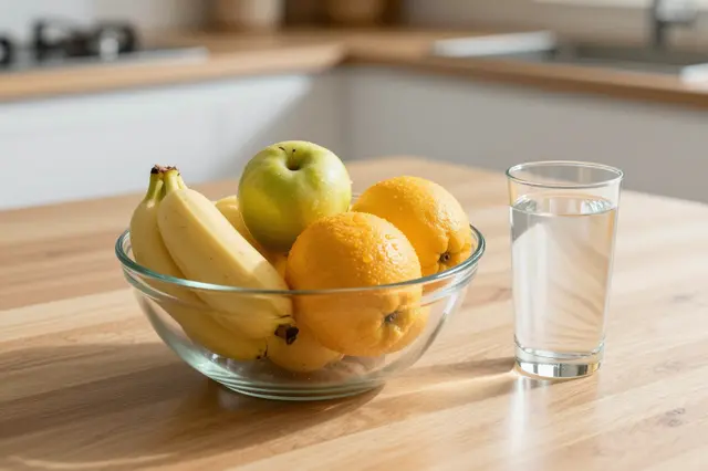 A glass fruit bowl of fresh fruit sits next to a full glass of water on a sunlit wooden kitchen table