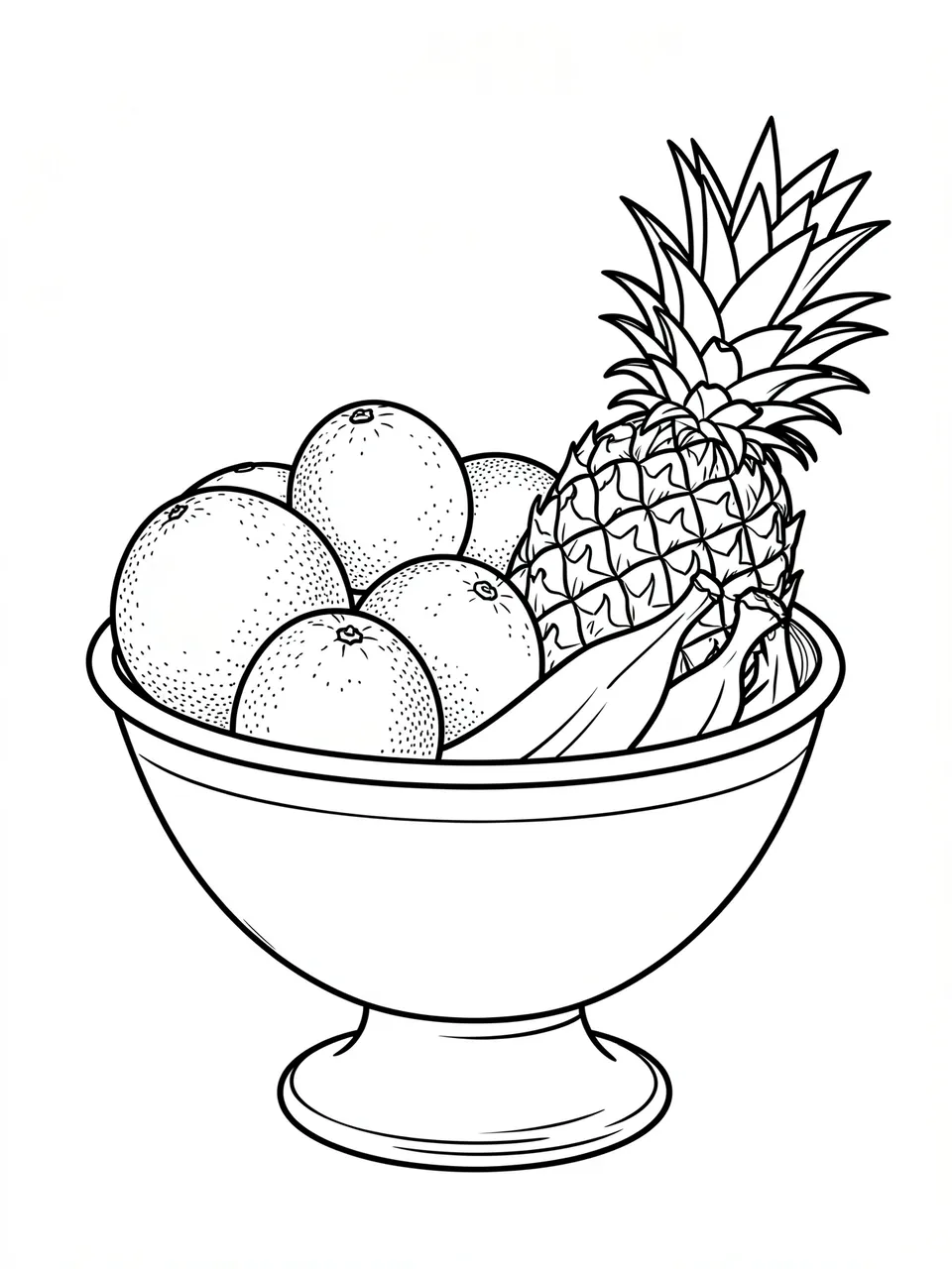 Clean black and white line art of a footed fruit bowl holding oranges, bananas, and a pineapple on a plain white background