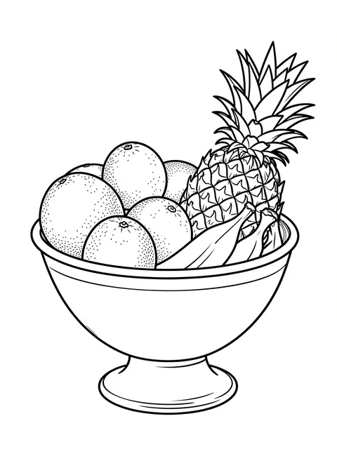 Clean black and white line art of a footed fruit bowl holding oranges, bananas, and a pineapple on a plain white background