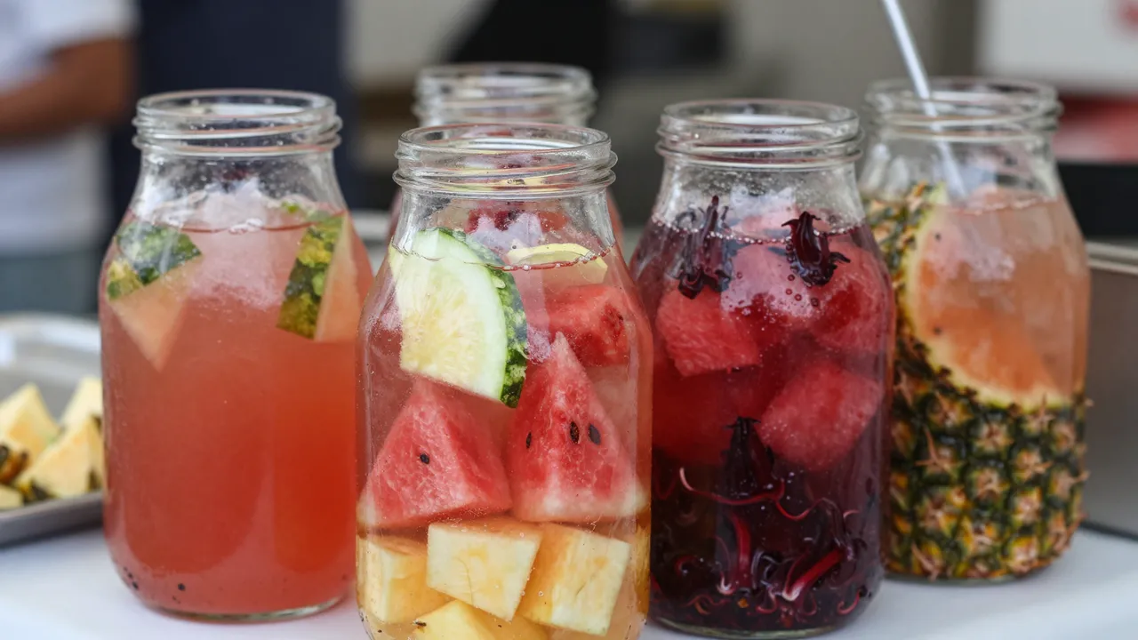 Glass jars of agua fresca with watermelon, pineapple and hibiscus sit on a market table.