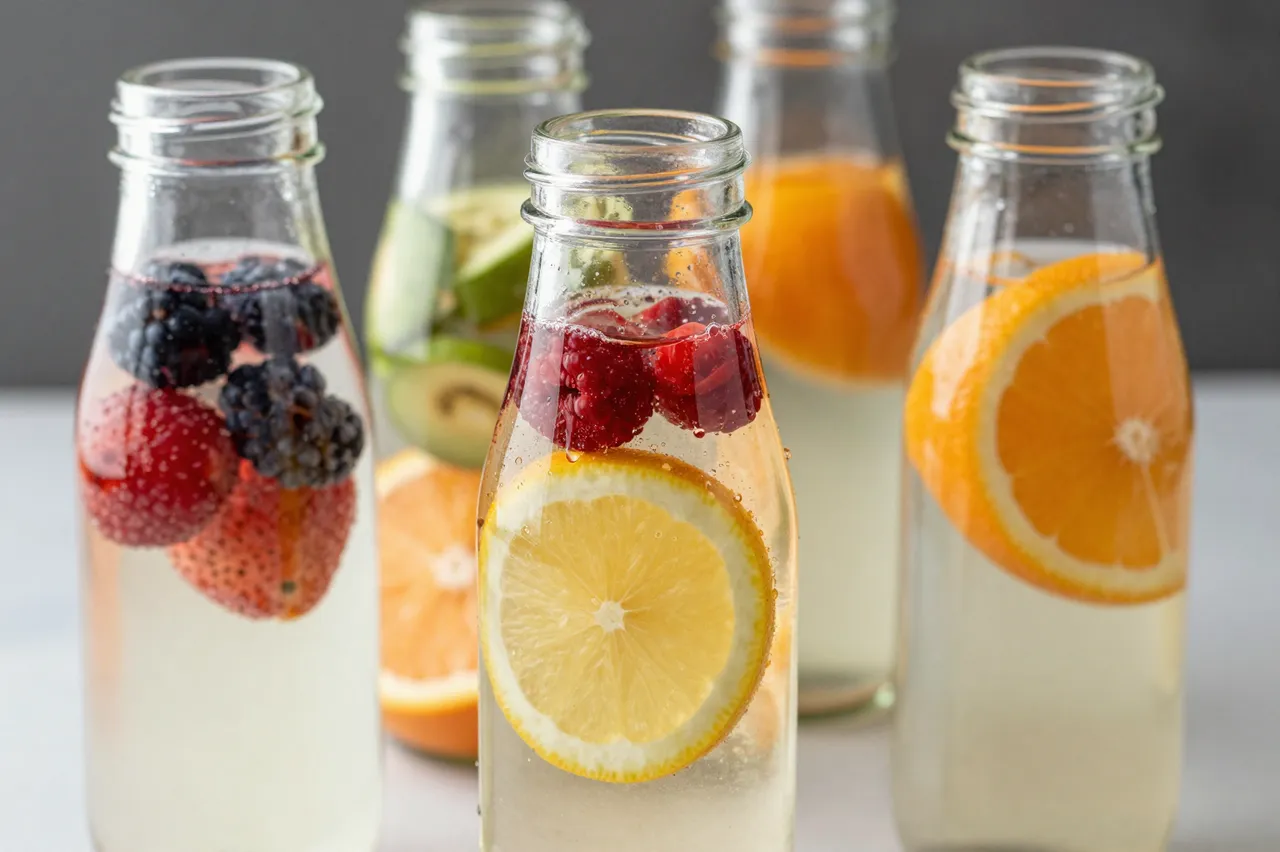 Clear glass bottles hold sparkling infused water with fresh berries and sliced citrus fruit.