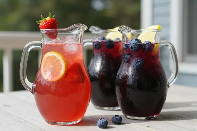 Glass pitchers of strawberry and blueberry lemonade sit on a sunlit outdoor porch table.