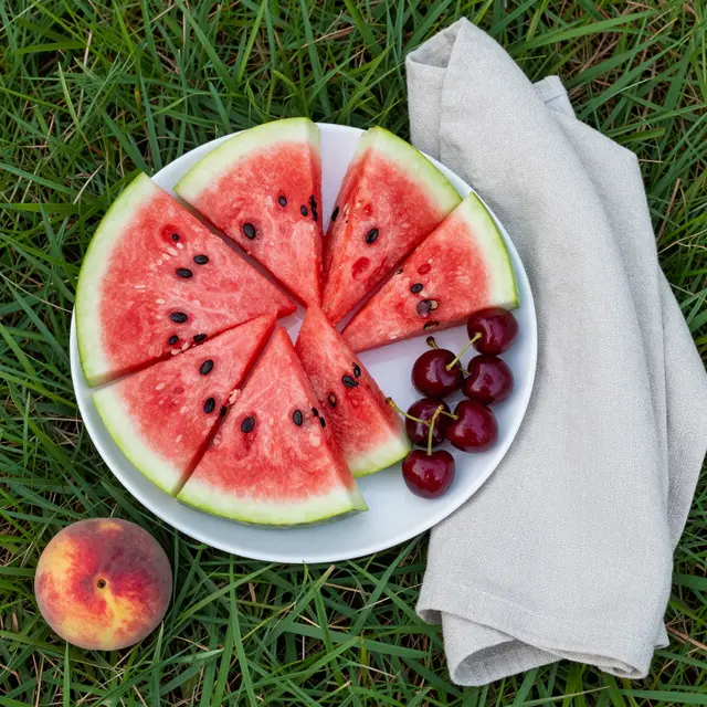 Top-down flat lay of a fruit plate with watermelon, cherries, peach and linen napkin on green grass