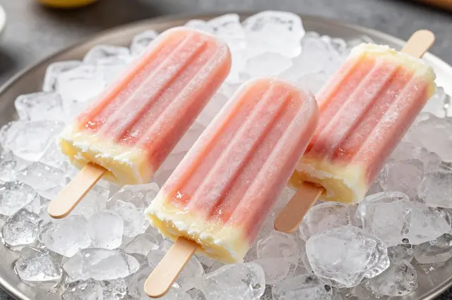 Three layered fruit popsicles resting on clear crushed ice on a metallic serving tray