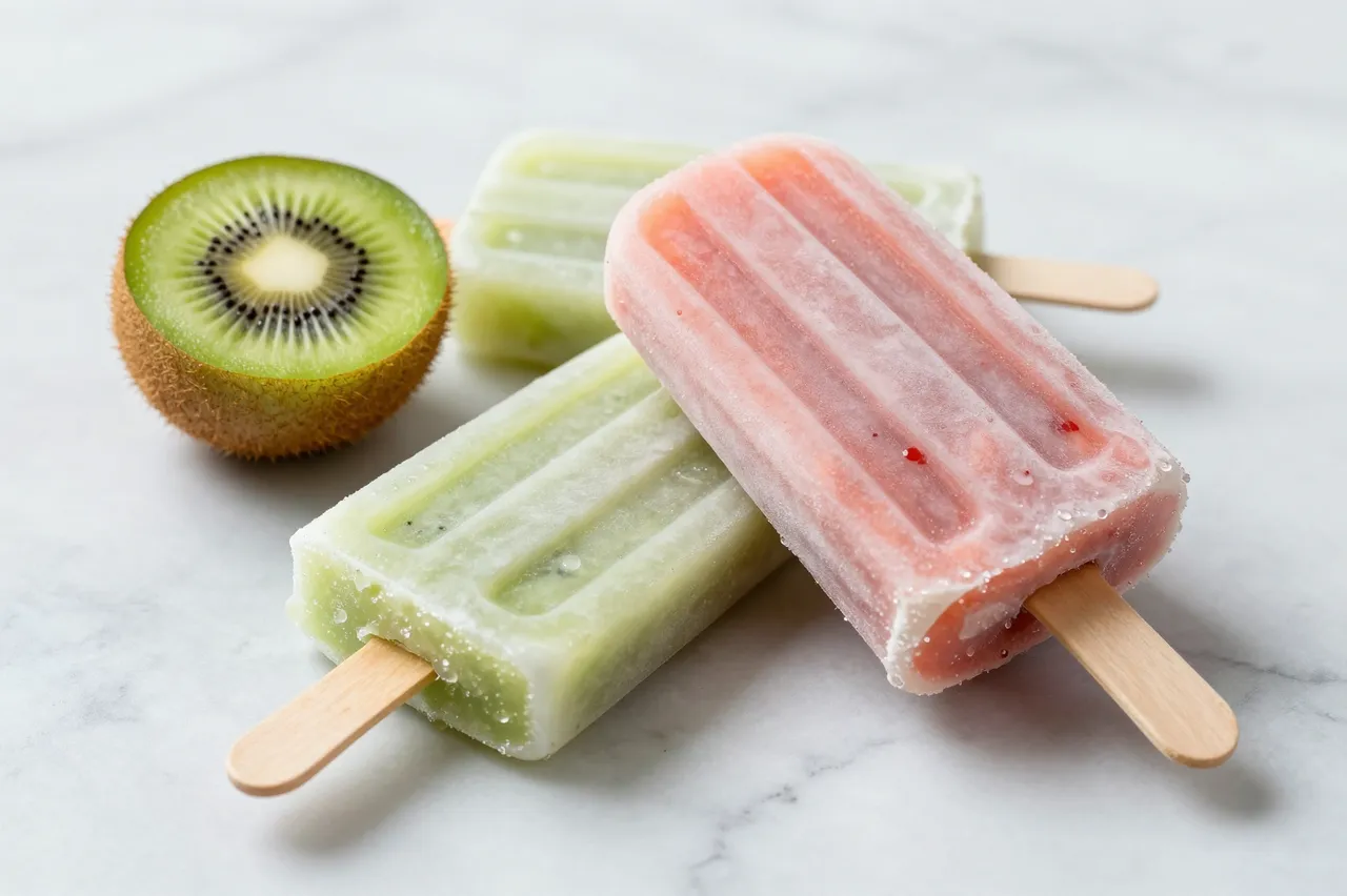 Kiwi and strawberry popsicles arranged next to a sliced kiwi half on a light marble countertop