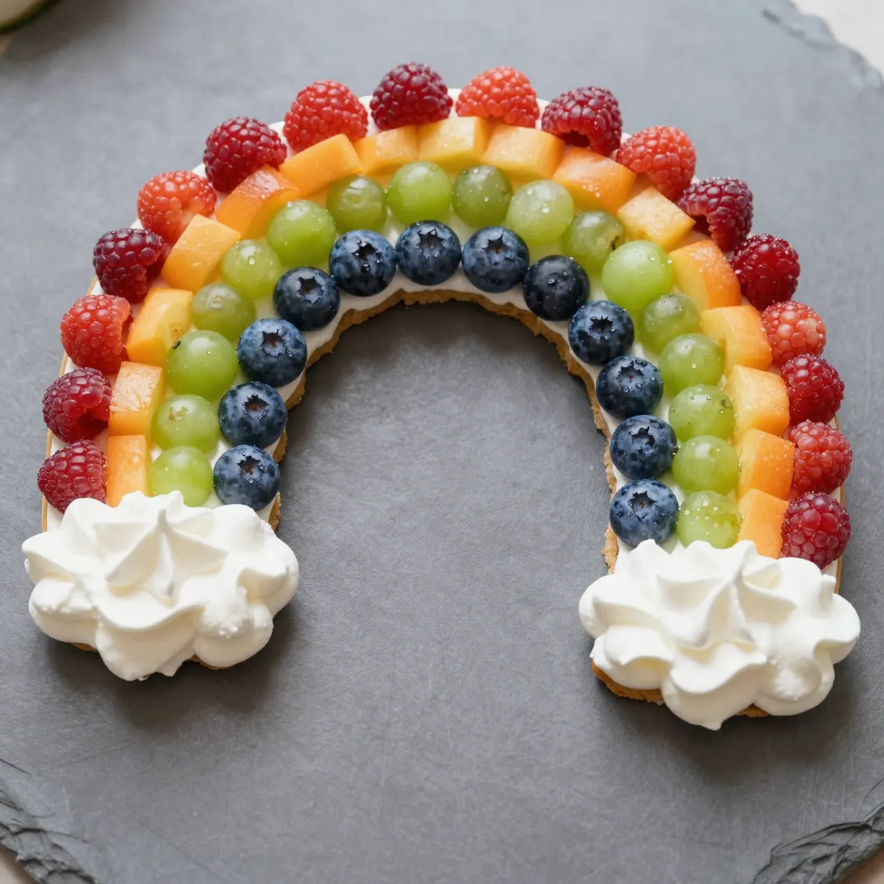 Arced fruit rainbow dessert with whipped cream clouds at each end rests on a dark slate serving board