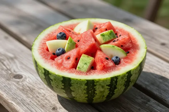 Hollowed watermelon half filled with fresh cut fruit salad sits on a sunny wooden picnic table